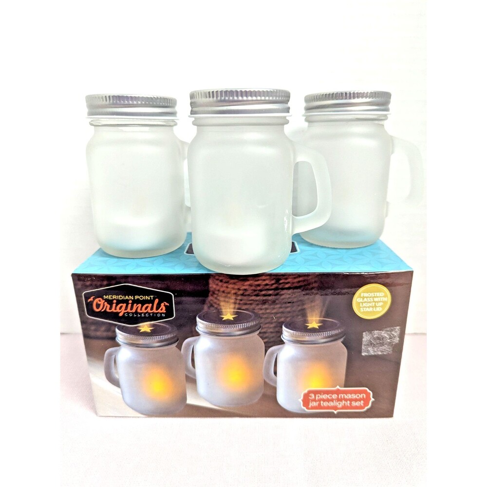 Meridian Mason Jar Tea Light Jars 3-pc White Frosted Glass Metal Star Lid NEW